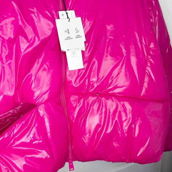 Zara Glossy Shiny Vinyl Puffer Jacket Hot Pink High Neck NEW Size Large L Baddie - Picture 10 of 16
